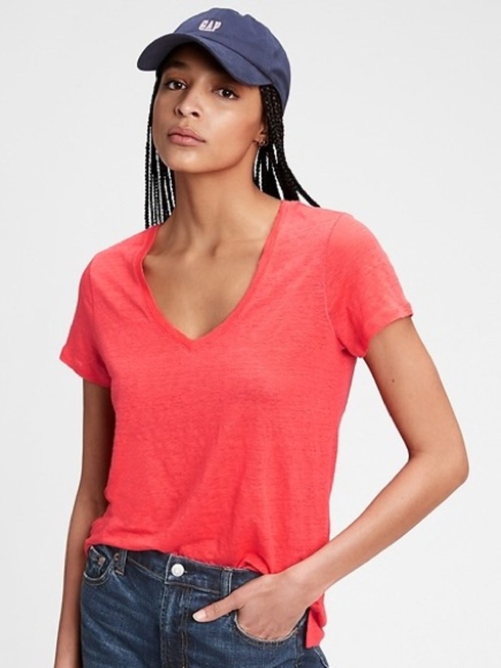 Gap Coral Pink V-Neck T-Shirt | Linen-Feel Slub Knit | Size S | 100% Linen